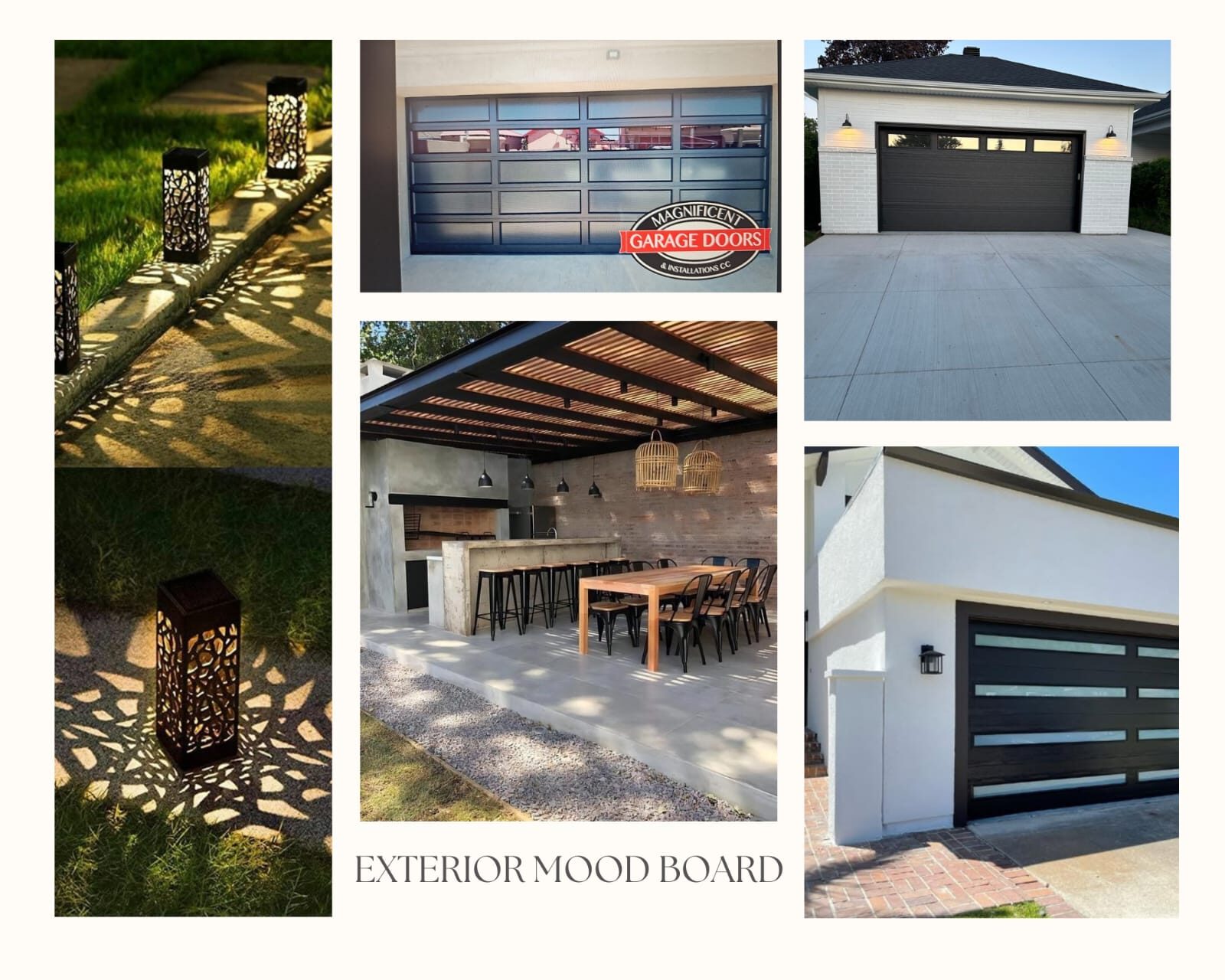 Exterior design mood board — lighting, garage doors, entertainment pergola